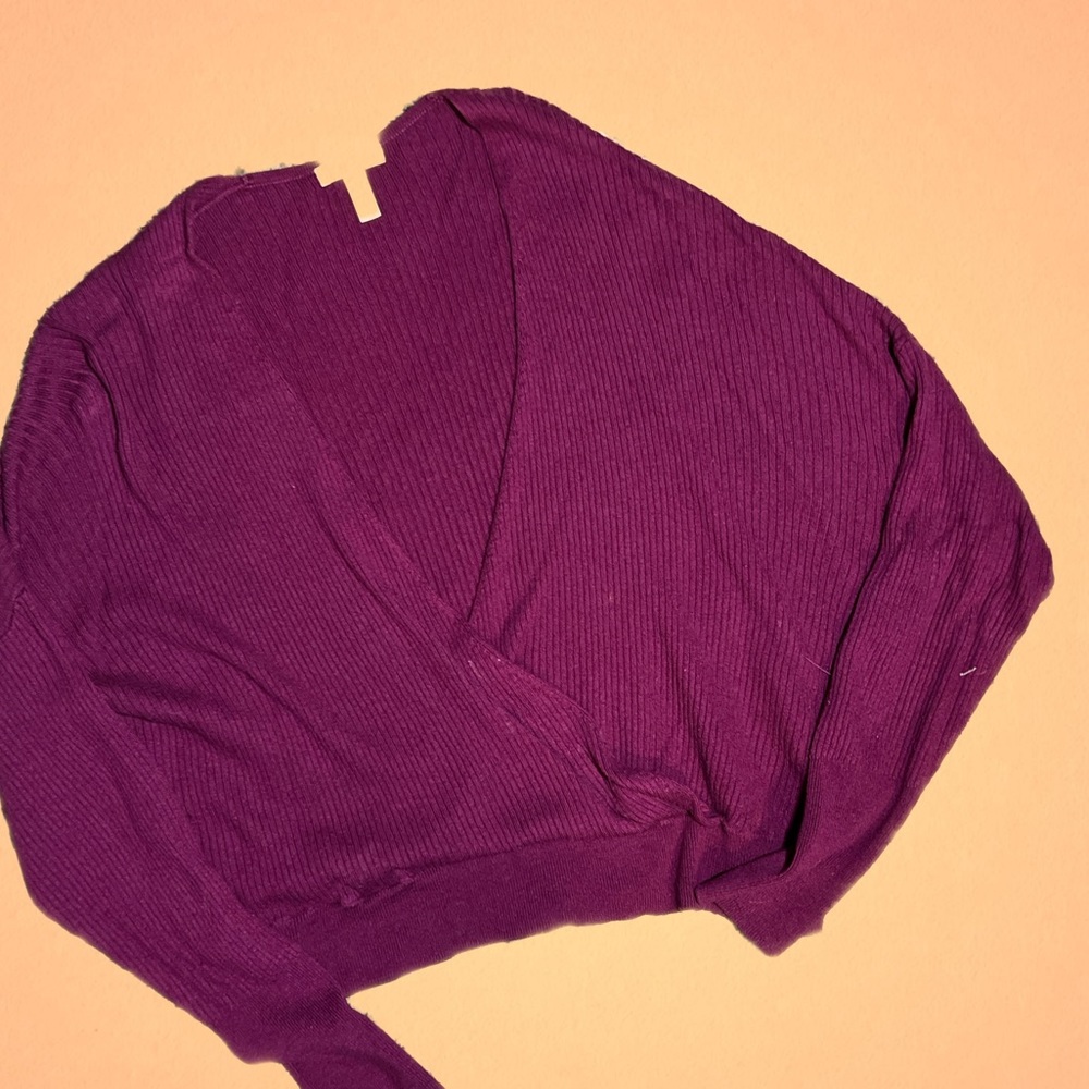 XL, Leith, deep v, cropped, purple, wrap sweater